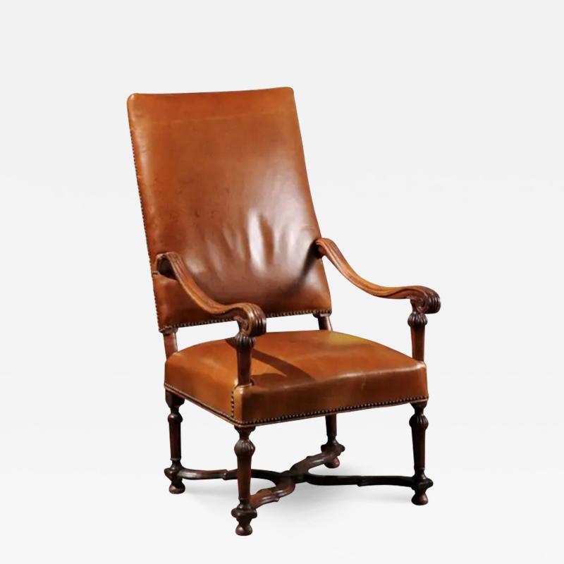 French Louis XIV Style Late 19th Century Beech Fauteuil with Leather Upholstery