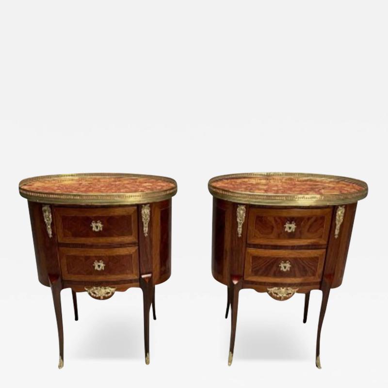 French Louis XV Side Tables Marquetry Marble Brass France 1930s