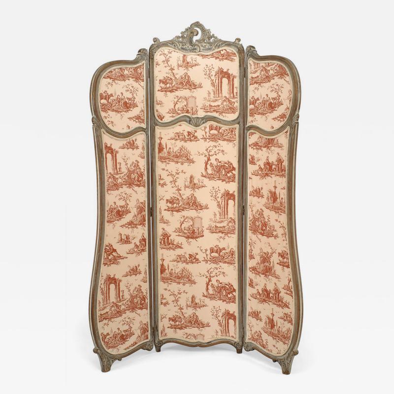 French Louis XV Style 3 Fold Screen with Toile Upholstered Panels