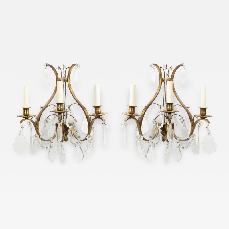 French Louis XV Style Bronze and Crystal Lyre Sconces