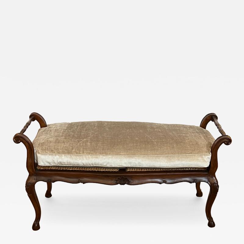 French Louis XV Style Double seat Walnut Bench with Caned Seat