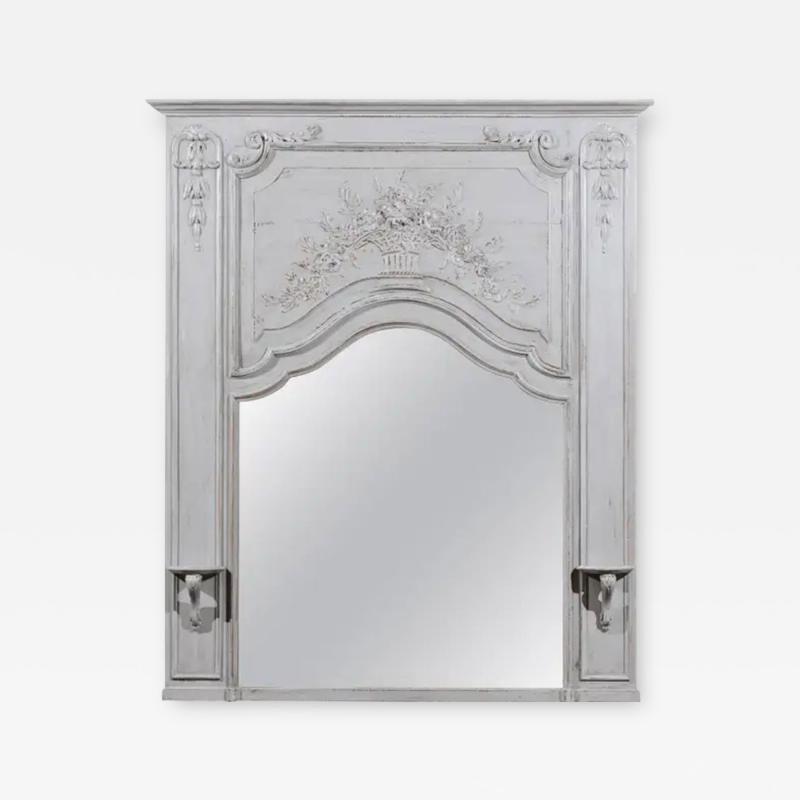 French Louis XV Style Grey Painted Trumeau Mirror with Carved Floral Decor