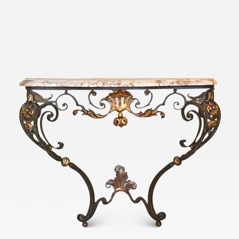 French Louis XV Style Iron Console w Marble Top