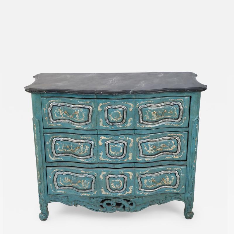 French Louis XV Style Teal Serpentine Commode