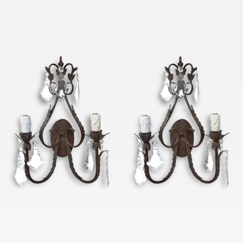 French Louis XV Style Wrought Iron Crystal Two Arm Wall Sconce a Pair