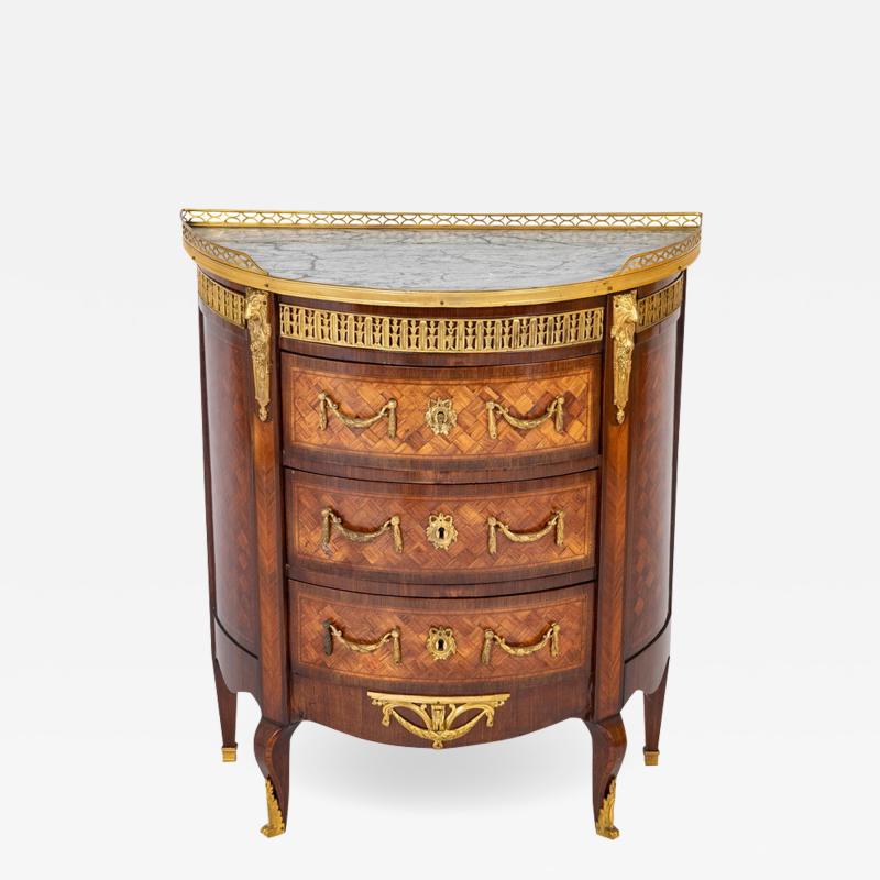 French Louis XV XVI Marble Top Three Drawer Demilune Commode
