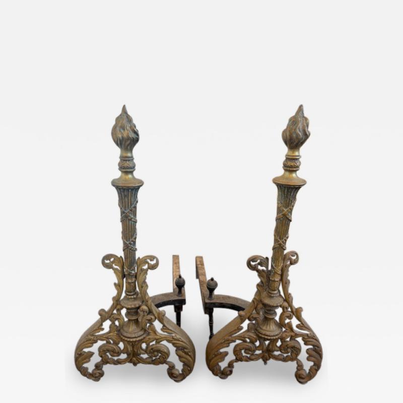 French Louis XV style bronze torch form andirons