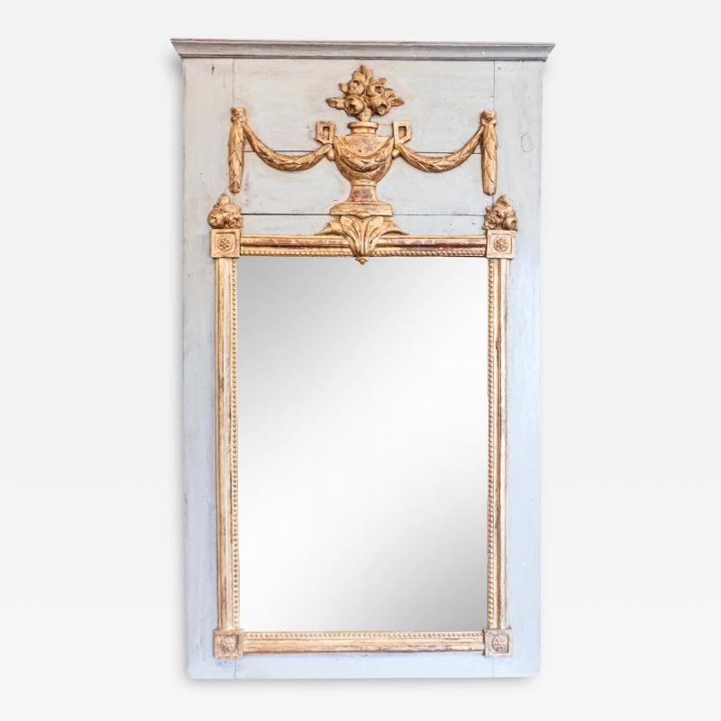 French Louis XVI 1790s Painted Trumeau Mirror with Carved Gilt Bouquet of Roses