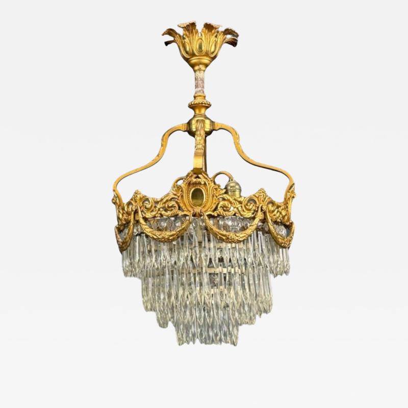French Louis XVI Chandelier Dore Bronze Crystal France 19th Century