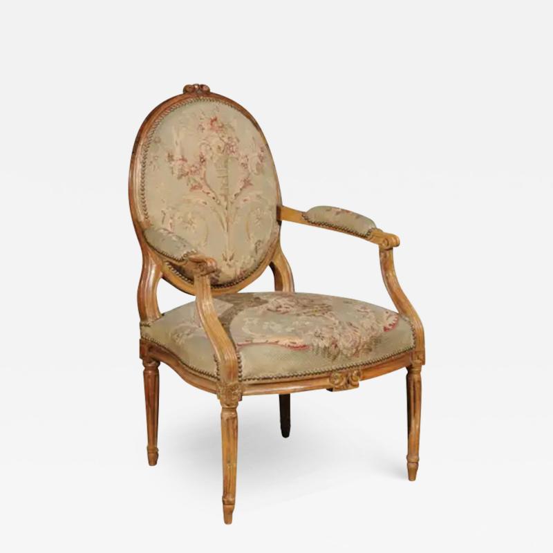 French Louis XVI Period 18th Century Armchair with Floral Tapestry Upholstery