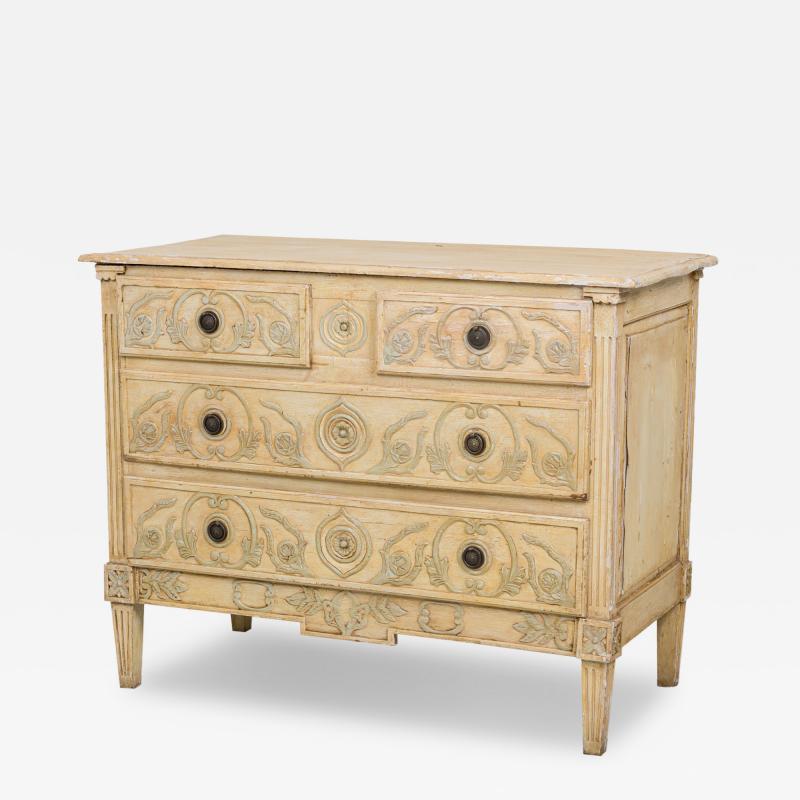 French Louis XVI Provincial Style 4 Drawer Beige and Gray Painted Commode