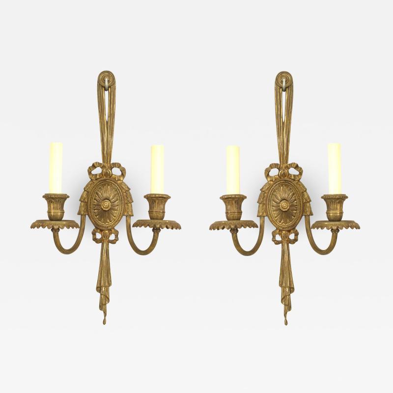 French Louis XVI Style Bronze Bow Knot Wall Sconces