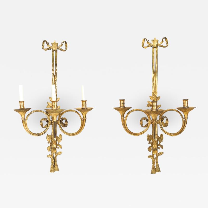 French Louis XVI Style Bronze Dore Bow Knot Wall Sconces
