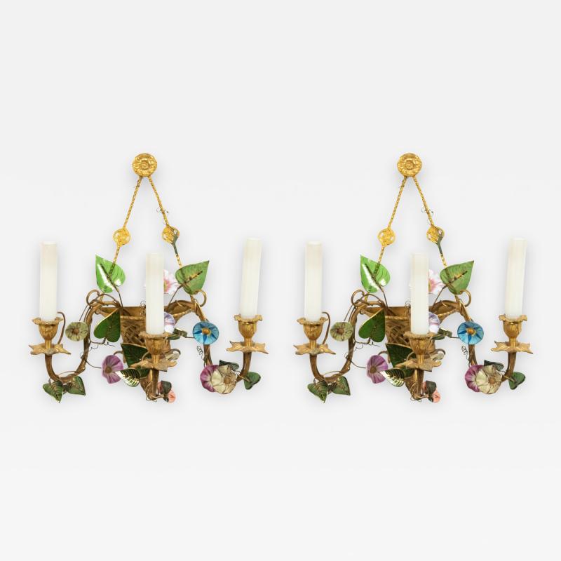 French Louis XVI Style Bronze Dore and Opaline Floral Wall Sconces