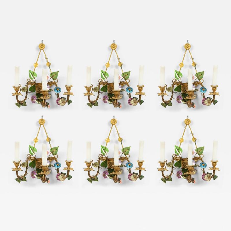 French Louis XVI Style Bronze Dore and Opaline Floral Wall Sconces