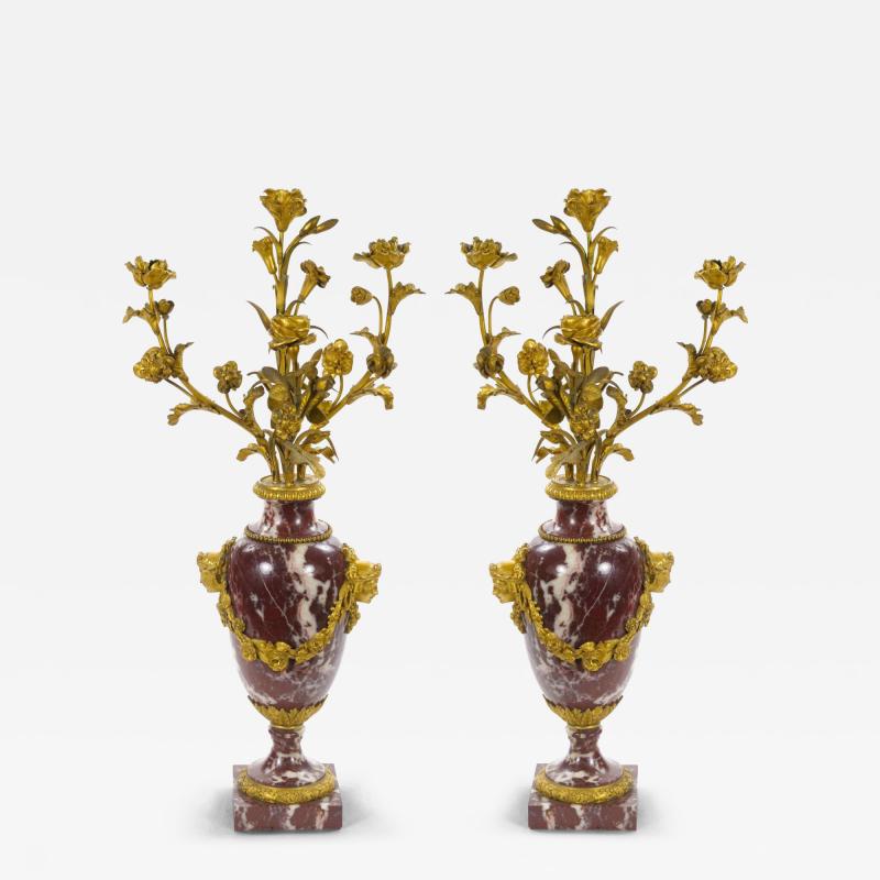 French Louis XVI Style Candelabra White veined Red Marble Gilt Bronze 1885