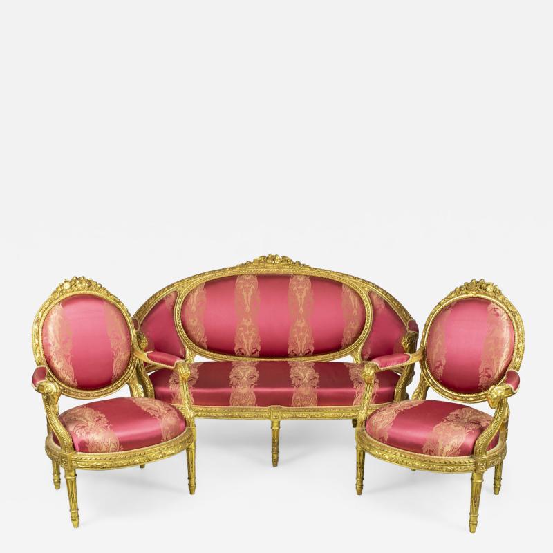 French Louis XVI Style Carved Giltwood and Pink Damask Upholstered Salon Set