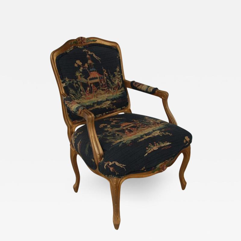 French Louis XVI Style Carved Wood and Chinoiserie Print Armchair