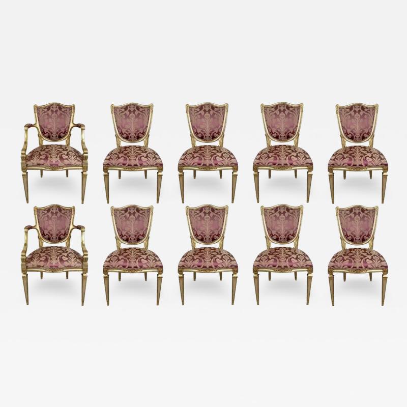 French Louis XVI Style Gilt Plum Damask Pattern Upholstery Dining Chairs 10pcs