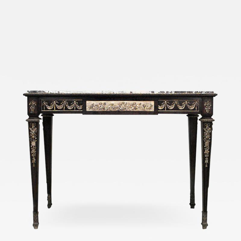 French Louis XVI Style Mahogany Cupid Center Table with Marble Top