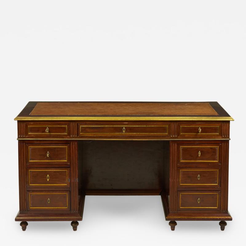 French Louis XVI Style Mahogany and Brass Kneehole Desk