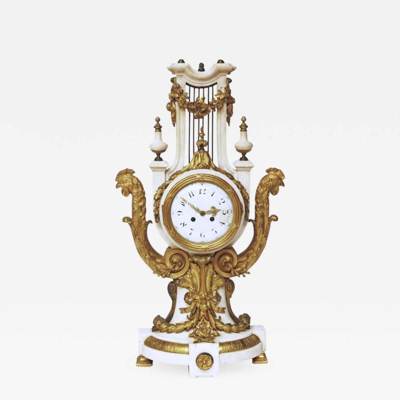 French Louis XVI Style Marble and Gilt Bronze Lyre Form Clock