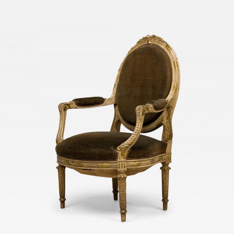 French Louis XVI Style Oval Back Carved Wood Green Velvet Upholstered Armchair