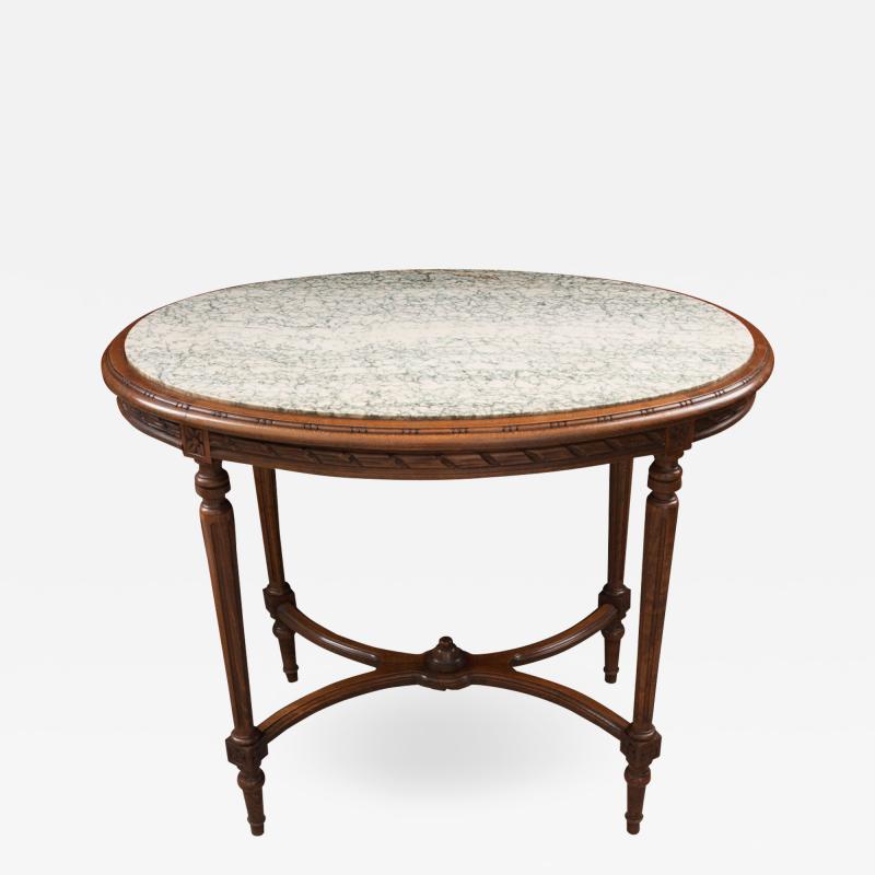 French Louis XVI Style Oval Marble Top Oak Center Table