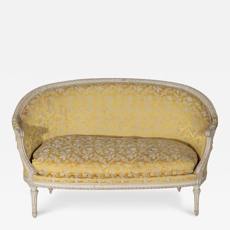 French Louis XVI Style Painted Canap with Yellow Damask Upholstery 20th Cent