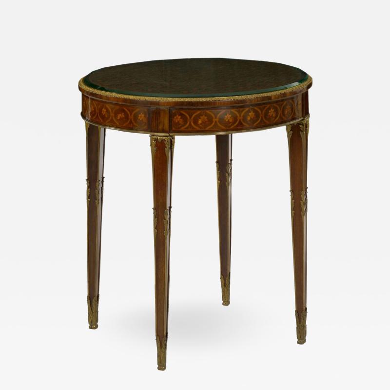 French Louis XVI Style Parquetry Inlaid Bronze Round Accent Table c 1890