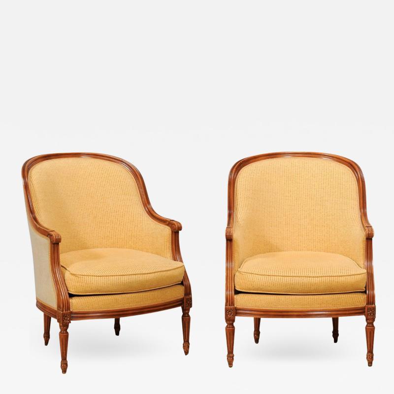 French Louis XVI Style Walnut Berg res Chairs with Wraparound Backs Pair