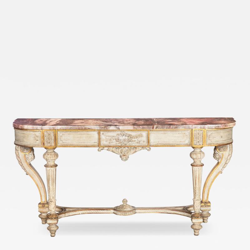 French Louis XVI Style White Painted Parcel Gilt Violet Marble Console Tabl