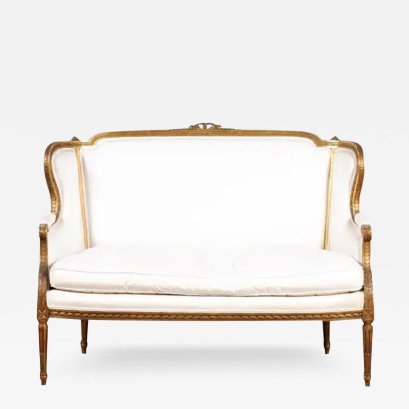 French Louis XVI Style Wingback Settee with Original Gilding and New Fabric