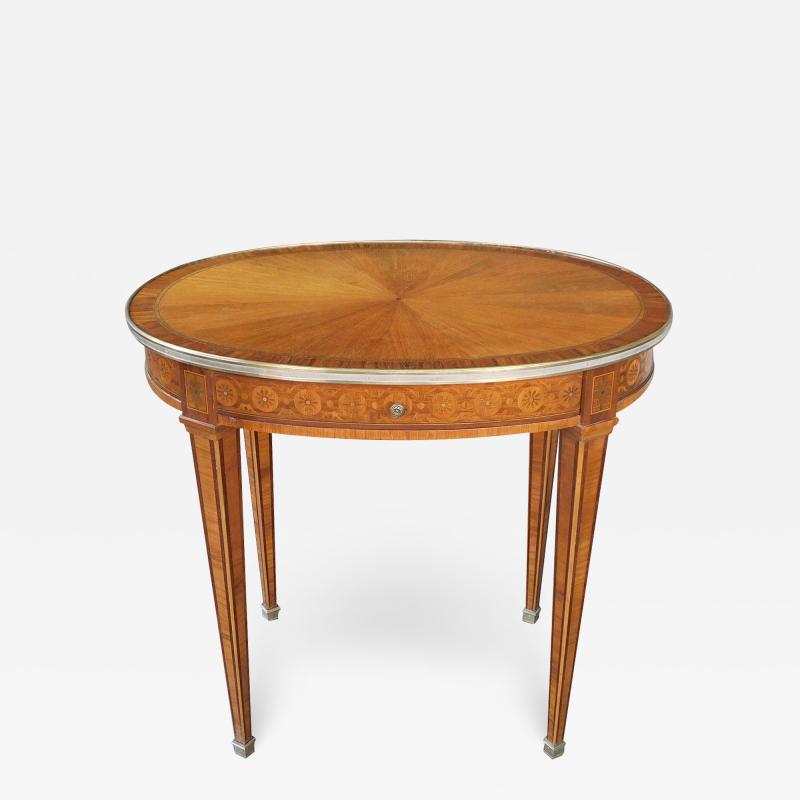 French Louis XVI style marquetry mahogany single drawer oval side table