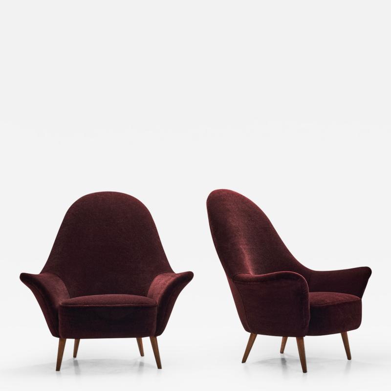 French Lounge Chairs In Aubergine Coloured Velour France ca 1960s