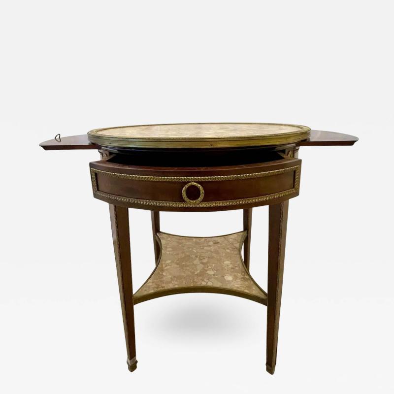 French Mahogany Louis XVI Style Marble Top Bouillotte Table Bronze Mounted
