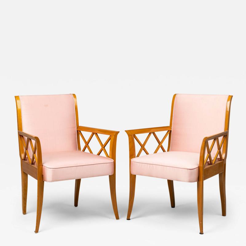 French Maple Lattice Pink Upholstered Arm Chairs 1