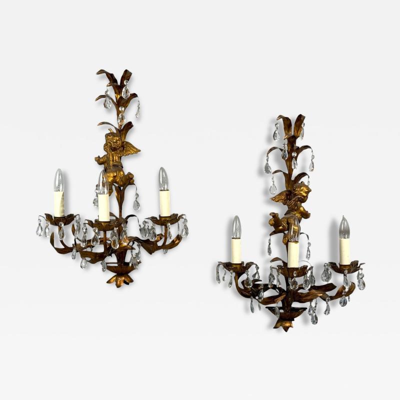 French Marie Therese Style Cherub Wall Sconces Gilt Brass Crystal 1950s