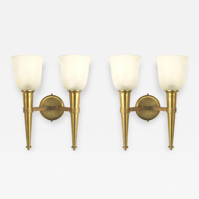 French Mid Century Brass and Frosted Glass Torch Wall Sconces