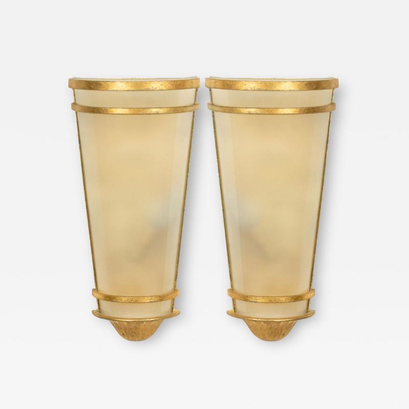 French Mid Century Gilt Metal and Glass Wall Sconces