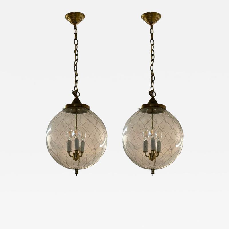 French Mid Century Modern Brass Blown Glass Globe Pendant Lights 1950s