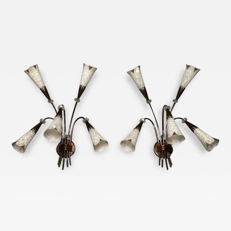 French Mid Century Modern Five Arm Sconces Brass Crystal France 1950s