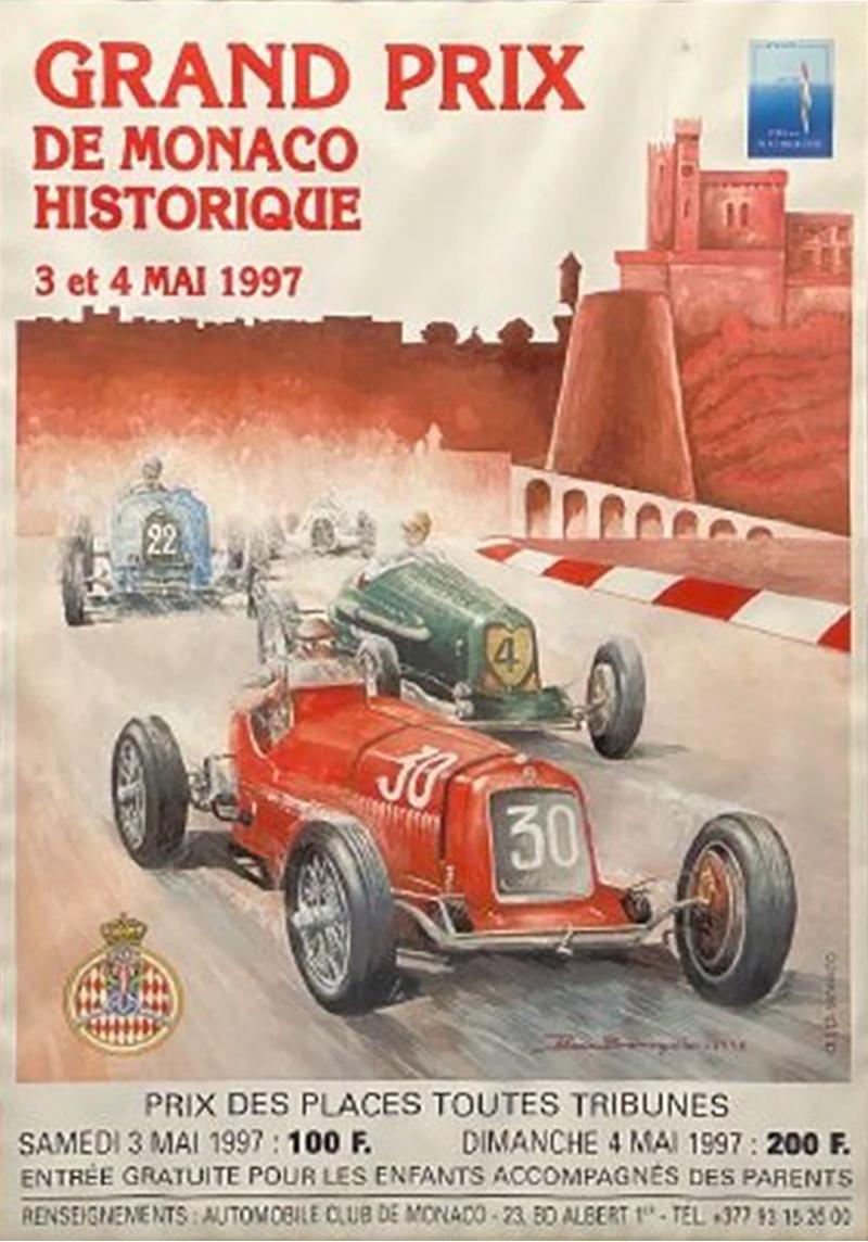 French Mid Century Modern Large Framed Racing Poster Monaco Grand Prix 1997