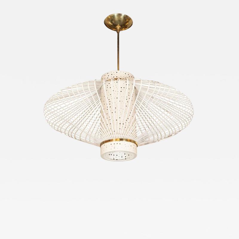 French Mid Century Modern Sculptural Perforated Enamel and Brass Chandelier