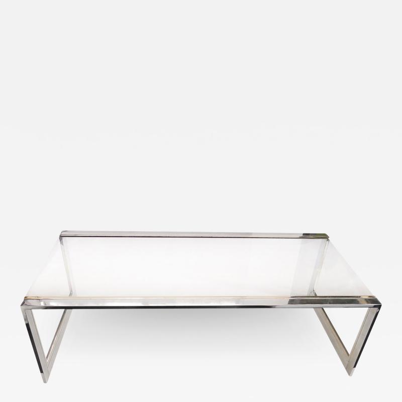 French Modernist Glass Brass Chrome Coffee Table