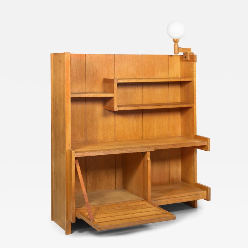 French Modernist Oak Bar Cabinet Bookshelf by Guillerme and Chambron