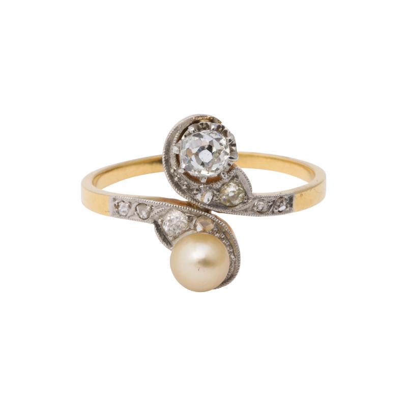 French Moi et Toi Natural Pearl and Diamond Ring