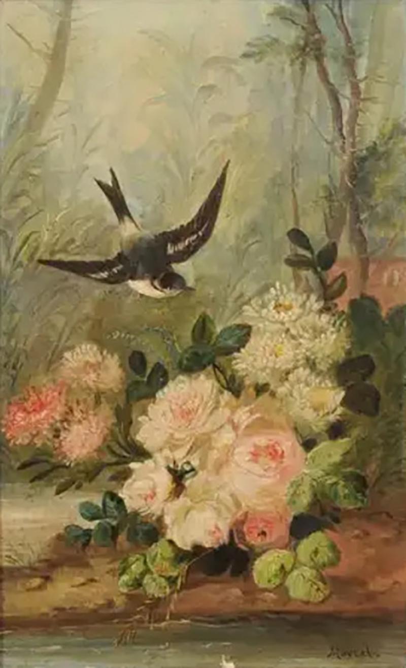 French Napol on III 1850s Oil on Canvas Framed Painting with Bird and Roses