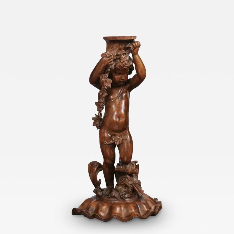 French Napol on III 1860s Carved Walnut Sculpture of a Putto Carrying a Vessel