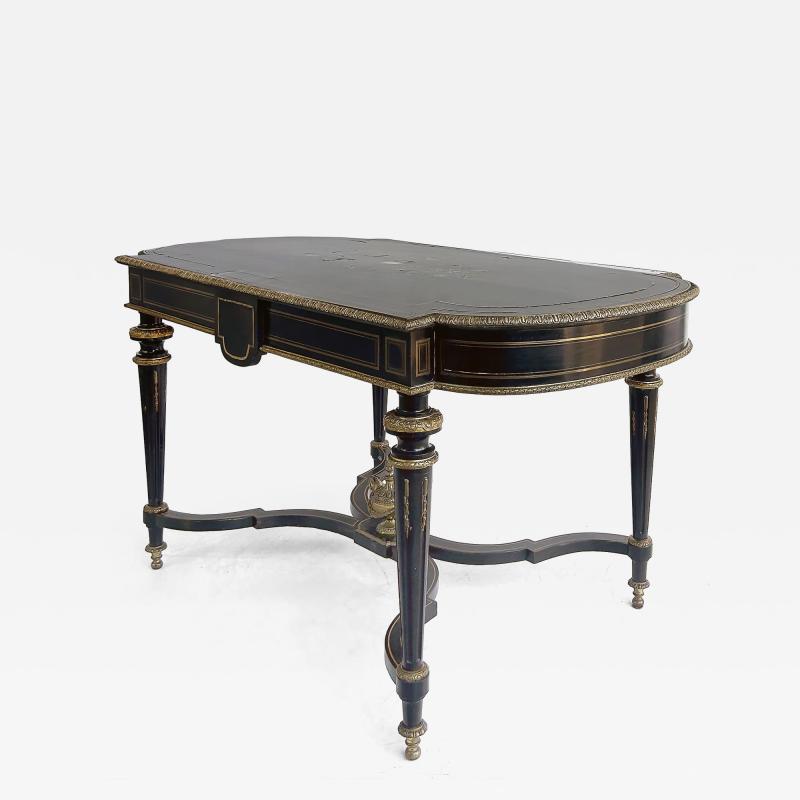 French Napoleon III Ebonized Boulle Bronze Inlay Desk with Drawer